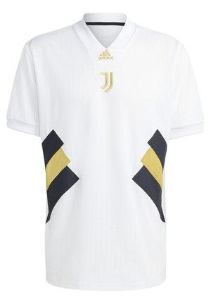Biała koszulka piłkarska Juventusu z złotymi i czarnymi ukośnymi paskami po bokach, złotym logo klubu na piersi oraz złotym logo Adidas na kołnierzu.