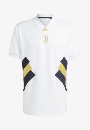 Maillot de football blanc de la Juventus avec des bandes diagonales dorées et noires sur les côtés, logo du club doré sur la poitrine et logo Adidas doré sur le col.