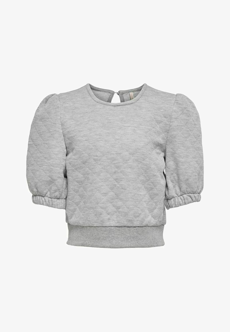 Haut court matelassé gris clair avec manches courtes bouffantes, encolure arrondie, poignets élastiques et ceinture élastique.
