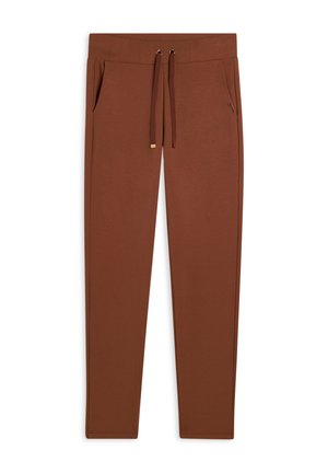 Pantaloni jogger marroni realizzati in tessuto morbido, dotati di vita elasticizzata con cordoncino, due tasche laterali e un design slim-fit.