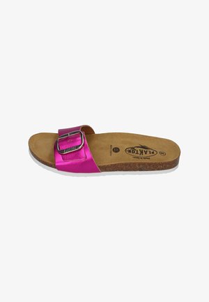 Pink satin slide sandal with a metallic buckle, cork footbed, and white rubber sole. Flat design; no back support.