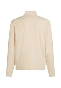 Lys beige langærmet top med høj krave. Blødt stof, minimal syning og lige pasform, egnet til afslappet brug.