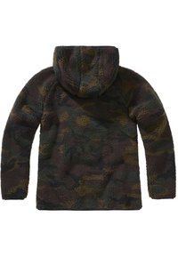 Fleece jacket in camouflage pattern, featuring a hood and textured, soft fabric in dark green, brown, and mustard tones.