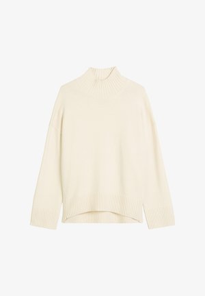 Krémový rolák vyrobený z mäkkej pleteniny. Má rebrované manžety a lem, voľný strih a spadnuté ramená.