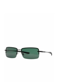 Occhiali da sole rettangolari con lenti verde scuro e montatura in metallo nero, caratterizzati da un design slanciato e aste dritte per uno stile minimalista.