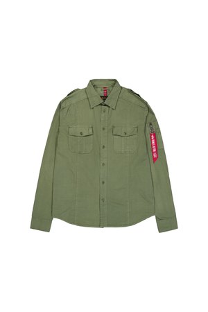 Olive green, long-sleeve shirt with a button-down front, two chest pockets, and a side zip pocket. Features shoulder epaulets and a fabric tag.