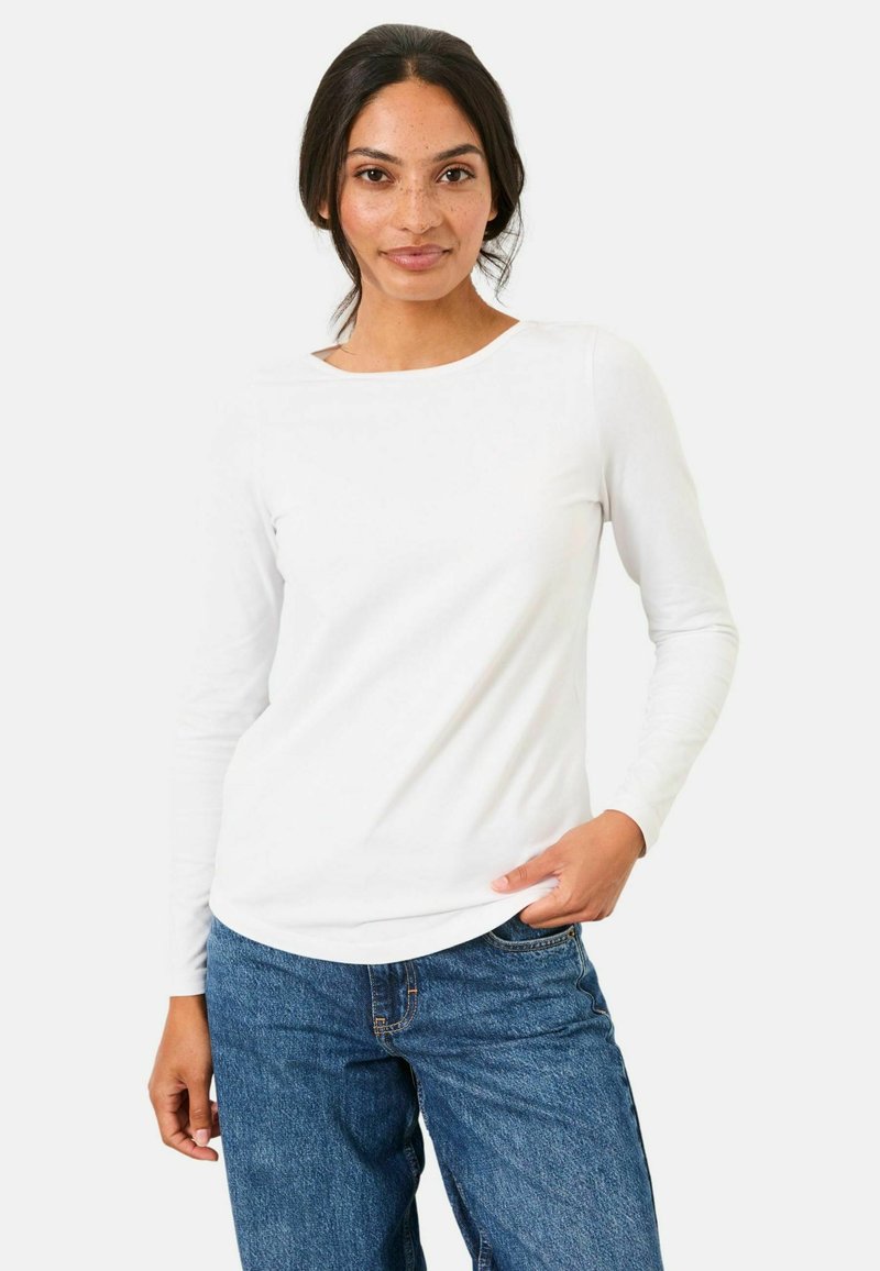 Langärmliges weißes Baumwolloberteil mit Rundhalsausschnitt, kombiniert mit blauen, lockeren Jeans. Der Stoff wirkt glatt und unstrukturiert.