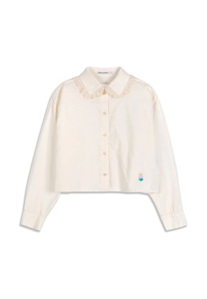 Cremefarbene, langärmelige Crop-Bluse mit spitzenbesetztem Peter-Pan-Kragen, Knopfleiste vorne und kleinem, mehrfarbig besticktem Detail am Saum.