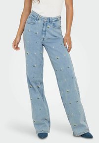 Lichtblauwe denim jeans met bloemen borduurwerk, met een hoge taille, wijde pijpen en vijf-pocket styling.