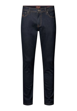 Jeans slim fit blu scuro con chiusura con bottone e zip, cinque tasche e dettagli di cuciture arancioni.