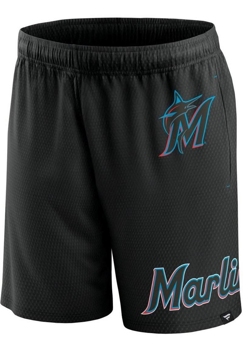 Shorts en maille noirs avec une taille élastique, présentant un logo et un texte des Miami Marlins en bleu et rouge sur la jambe gauche, texture lisse, coupe athlétique.