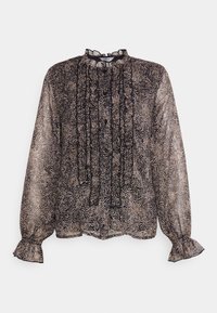 Blouse noire et dorée à motifs avec des manches longues, un col froncé et des plis à l'avant. Tissu léger et transparent avec des poignets froncés.