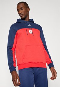 Sweatshirt com corpo vermelho e mangas azul marinho, apresentando um cordão ajustável, bolso frontal e logotipo no peito. Material suave em mistura de algodão.