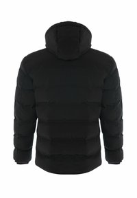 Sort puffjakke med hætte, lavet af matte stoffer. Har quiltede sektioner og elastiske manchetter, designet til varme og komfort.