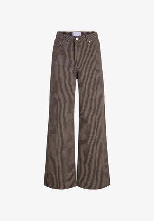 Rudos platūs keliai, pagaminti iš audinio su baltomis vertikaliomis juostelėmis, su užtrauktuku ir mygtuko uždarymu, penkiais kišenėmis ir ženklintais diržais.