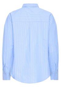 Light blue long-sleeve shirt with vertical white stripes, a classic collar, and buttoned cuffs, featuring a back yoke and a relaxed fit.