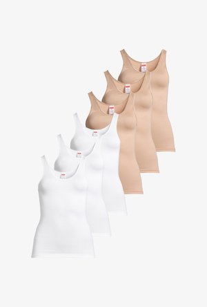 Six débardeurs sans manches disposés en deux rangées, trois blancs à l'avant et trois beiges derrière, présentés sur un fond blanc.