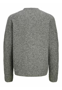 Grauer Wollpullover mit einem schlichten Design, einem runden Halsausschnitt und langen Ärmeln. Strukturierter Stoff und eine lockere Passform prägen den Stil.