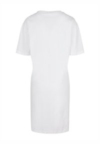 Weißes T-Shirt-Kleid aus einem weichen Baumwollgemisch, mit kurzen Ärmeln und einem runden Ausschnitt. Glatte Textur mit einer lässigen Silhouette.