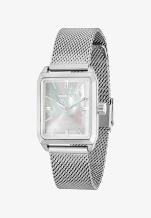 Zilveren mesh-band horloge met vierkante parelmoer wijzerplaat, minimale uurmarkeringen en dunne uur- en minutenwijzers.