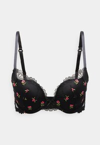 Μαύρο σουτιέν με κεντήματα λουλουδιών σε ροζ και πράσινο. Διαθέτει δαντελένια διακόσμηση και ρυθμιζόμενους ιμάντες, προσφέροντας δομημένο σχήμα και σχέδιο.