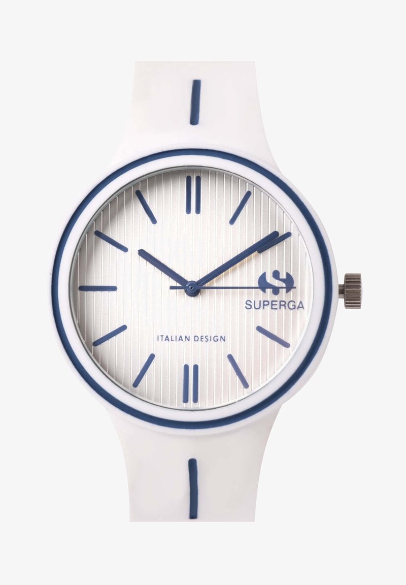 Biały silikonowy zegarek z białą i granatowo-niebieską paskową lunetą, srebrną strukturalną tarczą, niebieskimi znacznikami godzin i stalową koronką.
