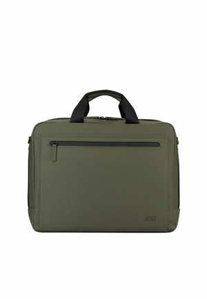 Mallette fine vert olive avec poignées noires, poche avant zippée et logo embossé en bas à droite.