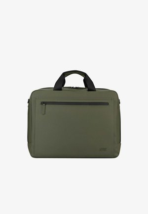 Mallette fine vert olive avec poignées noires, poche avant zippée et logo embossé en bas à droite.