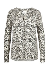 Langärmlige Bluse aus leichtem Stoff, mit beigem Hintergrund und schwarzen sowie braunen Leopardenflecken, V-Ausschnitt und lockerer Passform.