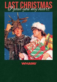 Sfondo verde con fiocchi di neve. Due uomini: uno in costume da renna, l'altro con un cappello di pelliccia bianca che tiene regali colorati incartati. Testo sopra.