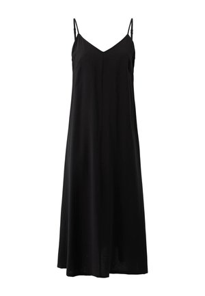 Schwarzes ärmelloses Midikleid mit verstellbaren Spaghettiträgern und V-Ausschnitt, gefertigt aus glattem, leichtem Stoff.