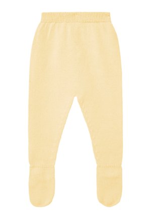 Pantalon bébé tricoté jaune doux avec une taille élastique et des pieds fermés, présenté à plat sur un fond blanc.