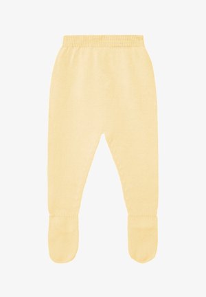 Pantalon bébé tricoté jaune doux avec une taille élastique et des pieds fermés, présenté à plat sur un fond blanc.