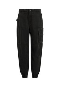 Zwarte cargobroek met een tapered fit, voorzien van meerdere zakken, elastische boorden en een soepele, duurzame katoen stof.