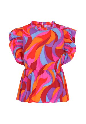 Multicolore blouse met gedurfde golven in rood, oranje, roze en blauw. Rimpelachtige halslijn en pofmouwen voegen textuur toe. Elastische taille.