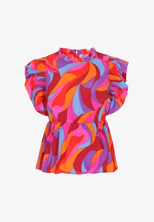 Blouse multicolore avec des vagues audacieuses en rouge, orange, rose et bleu. Col froncé et manches bouffantes ajoutent de la texture. Taille élastique.