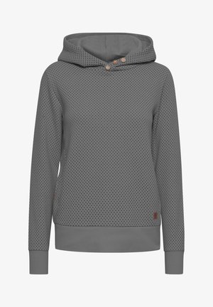 Sivá mikina s textúrovaným vzorom bodiek, predným vreckom typu klokanka a tromi drevenými gombíkmi na výstrihu. Mäkkučký materiál.