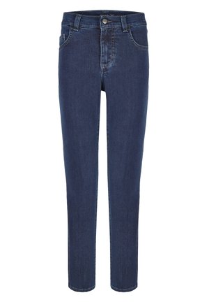 Mørkeblå denim jeans med lige pasform, fem-lomme design og frontlukning med knap. Glat tekstur med subtile falmede detaljer.
