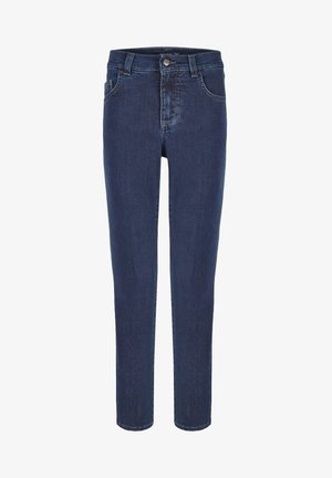 Mørkeblå denim jeans med lige pasform, fem-lomme design og frontlukning med knap. Glat tekstur med subtile falmede detaljer.