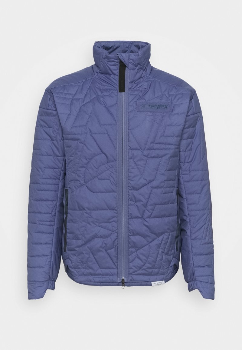 Veste matelassée isolante bleue avec fermeture éclair complète à l'avant, col montant, poches latérales et logo Terrex sur la poitrine.