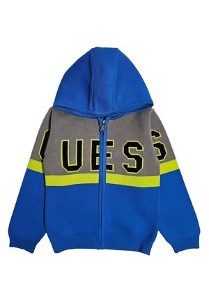 Giacca a zip con cappuccio blu, con accenti grigi e giallo neon. Presenta un grande logo "GUESS" sul davanti, polsini e orlo a costine.