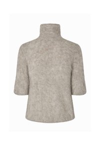 Ljusgrå, mjuk kortärmad tröja med hög polokrage, visad bakifrån mot en vit bakgrund.