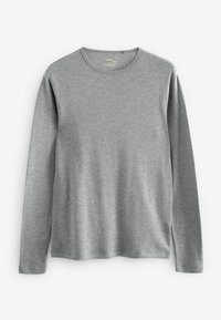 Graues Langarm-Strickoberteil mit gerippter Textur, rundem Ausschnitt und geradem Saum. Der Stoff wirkt weich und leicht.