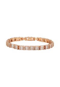 Bracciale in oro rosa con impostazioni di pietre rettangolari, alternate a piccole pietre rotonde, e un design a catena per flessibilità.