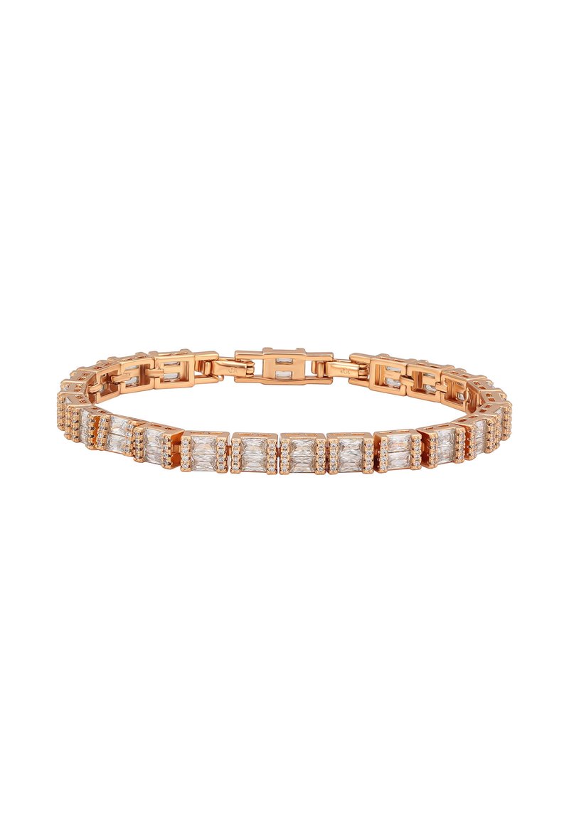 Bracciale in oro rosa con impostazioni di pietre rettangolari, alternate a piccole pietre rotonde, e un design a catena per flessibilità.