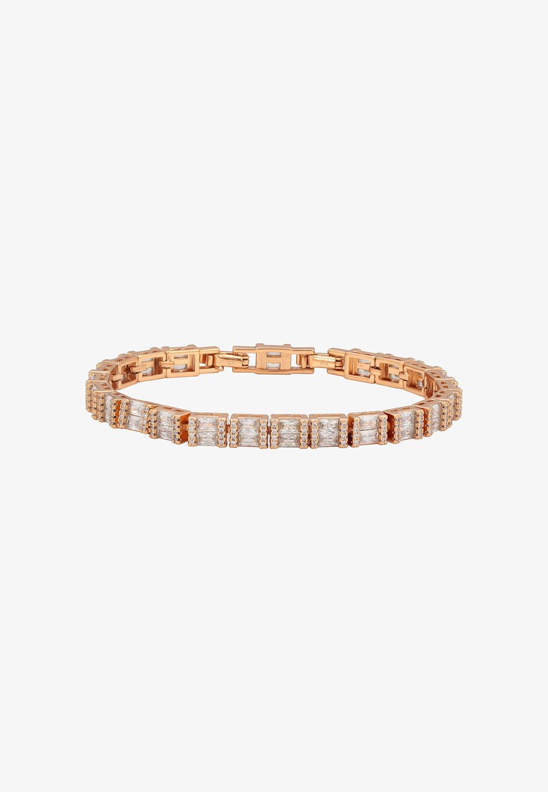 Bracciale in oro rosa con impostazioni di pietre rettangolari, alternate a piccole pietre rotonde, e un design a catena per flessibilità.