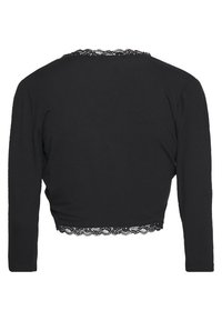 Černý krátký top s dlouhým rukávem a vroubkovanou krajkou na lemu a výstřihu. Vyrobený z měkké elastické látky pro pohodlí.