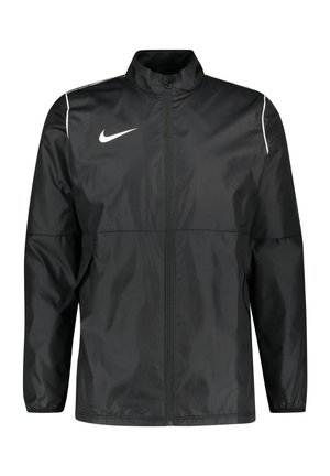 Veste coupe-vent Nike noire avec un col haut, fermeture éclair et accents blancs sur les épaules. Légère, texture lisse, design pratique.