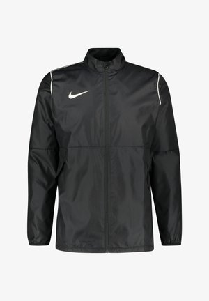 Black Nike windbreaker jacket with a high collar, zip closure, and white accents on the shoulders. Lightweight, smooth texture, practical design.