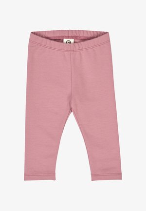Roze elastische leggings, gemaakt van zachte, gladde stof; heeft een aansluitende snit en een eenvoudig ontwerp zonder versieringen.